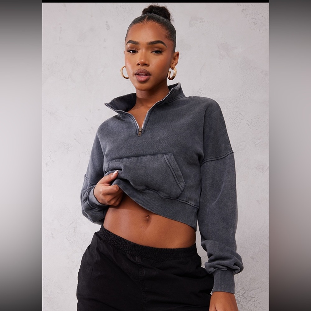 Charcoal Acid Wash Oversized Pocket Crop Zip Sweatshirt